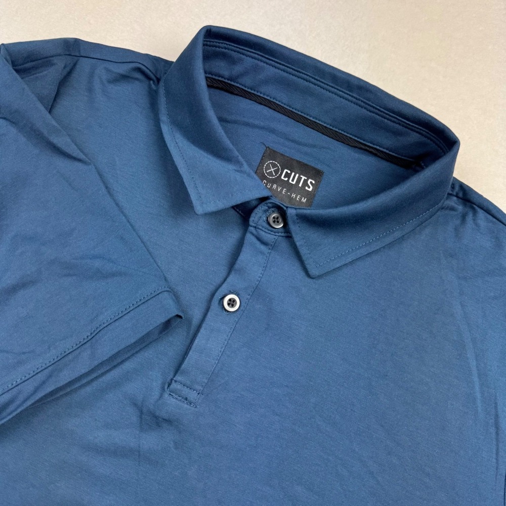 Cuts AO Polo Shirt Mens Large Fjord Blue Curve Hem PYCA Pro Performance Stretch‎